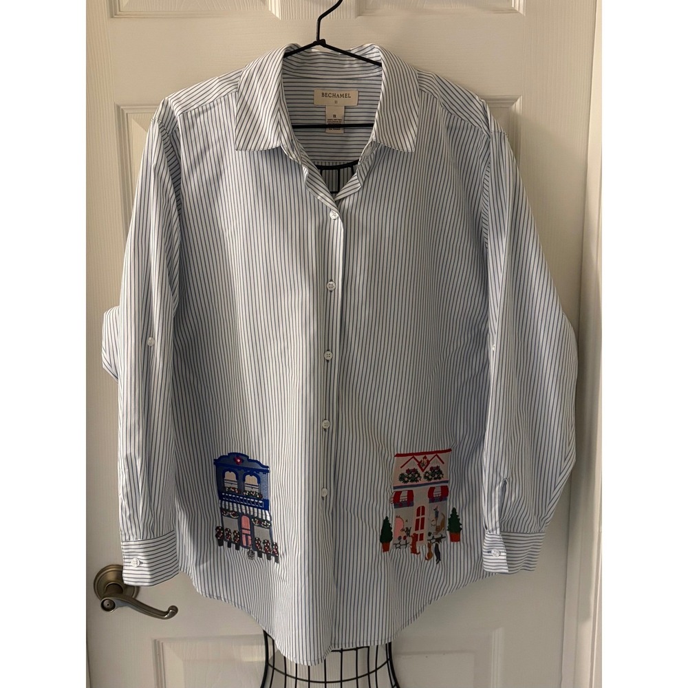 Bechamel II Women's 1X Blue Stripe Embroidered Cat House Button Down Shirt